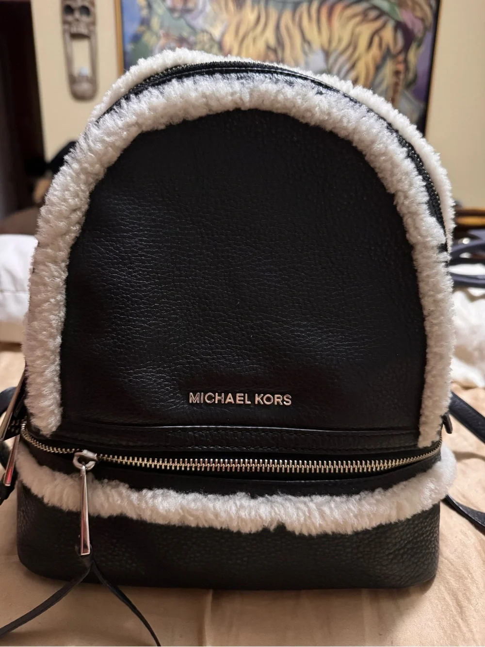 Michael Kors Black Backpack with Cream Faux-Shearling Trim